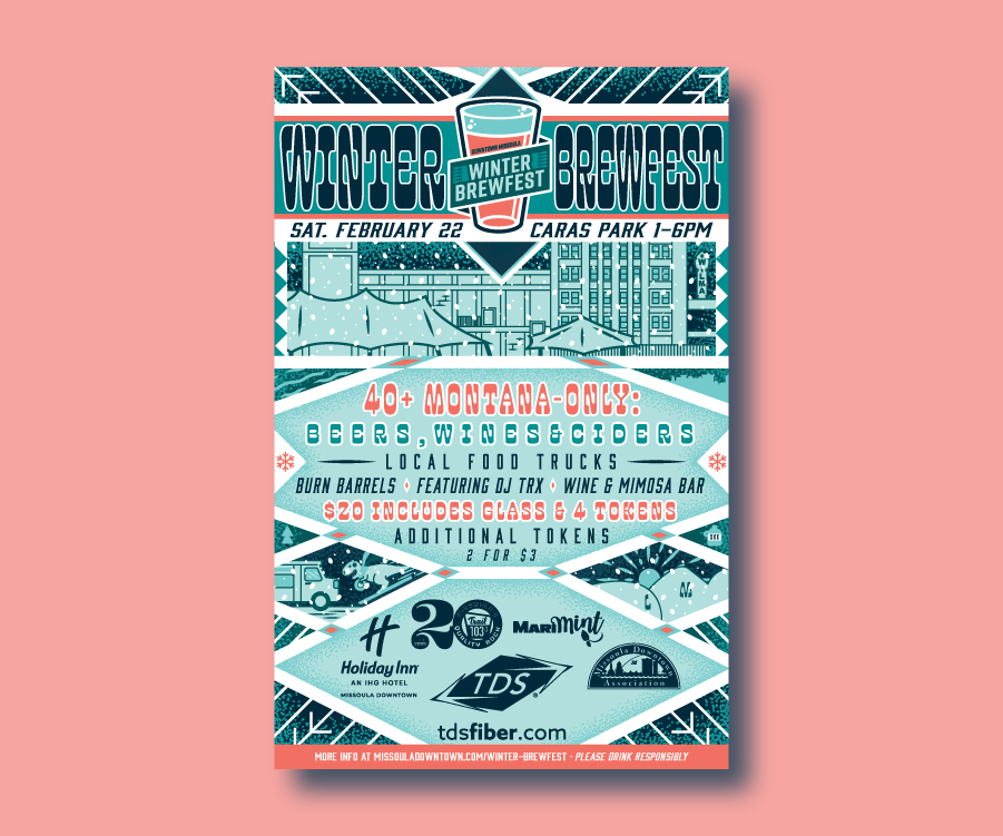 2025 Winter BrewFest Poster bold brewfest brewing cartoon downtown fire sprung frost graphic design ice illustration modern montana outdoors poster stipple t rex texture vector western winter