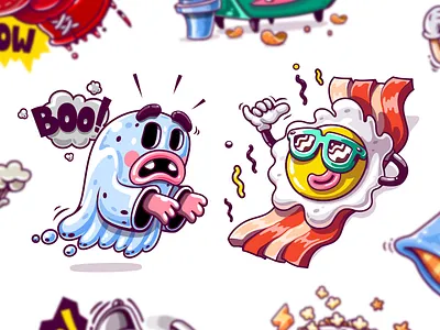 Kik Messenger Stickers app stickers bacon branding cartoon character fried egg game art ghost identity illustrations mascot design relax chilling sticker pack ui ux design