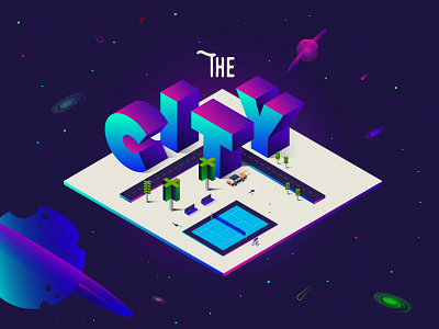 The City city design flat galaxy isometric planet space stars tennis