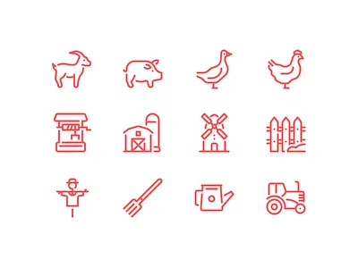 Farm icons agriculture animal bird chicken farm gardening icon line pig rural windmill