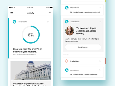 Activity feed for Hemophilia iOS app activity feed chatbot conversational ui fitness health hemophilia ios medical messaging mobile