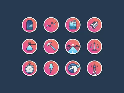 Startup Mixtape Icons gradient hammer iconography icons lighthouse set space stairs stopwatch unicorn