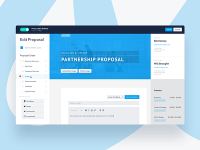 Editing Proposals app focus lab hero lasso live editing material proposal sidebar ui ux wysiwyg