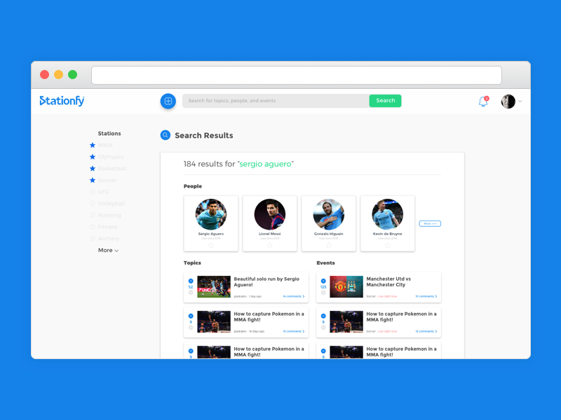 Stationfy Web Search Results highlights results search sports station stationfy ui ux web app website