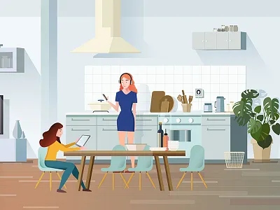 kitchen kitchen，dining table，chair，plant，cooking