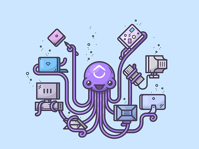 Multitasking blog character icon illustration laptop macbook ocean octopus pc post sea vector