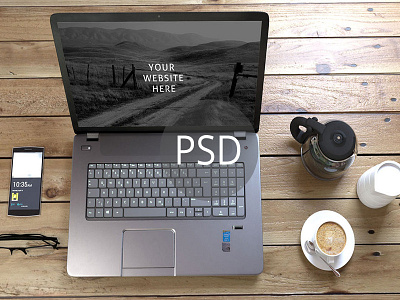 Top View Laptop Mockup PSD black laptop laptop laptop mockup premium mockup top view wood