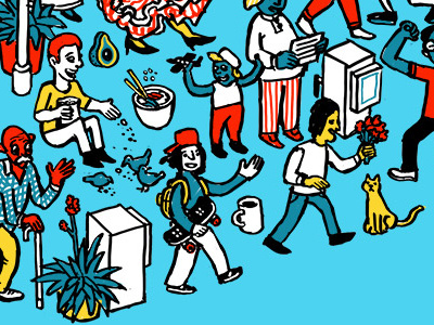 Street scene crop drawing illustration isometric people seek and find skateboard