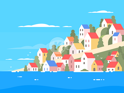 Houses on Greece coast building flat greece house illustration mountain ocean travel vector vocation