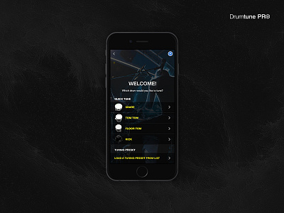 Welcome Screen [Drumtune PRO] bass dark drum floortom kick menu onboarding options snare tom tuner welcome