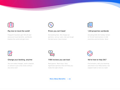 Booking - "Features" icons building edit finance help icons landing reviews support travel ui ux