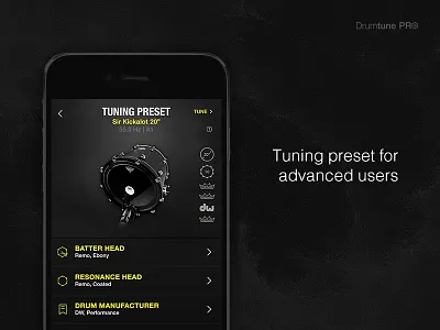 Tuning Preset - Drum Definition Menu [Drumtune PRO] bass batter brands dark drum kick menu options resonance snare tom tuner