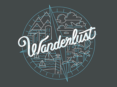 Wanderlust cityscape compass hand letter illustration line work mountains ocean plane script travel voyage wanderlust