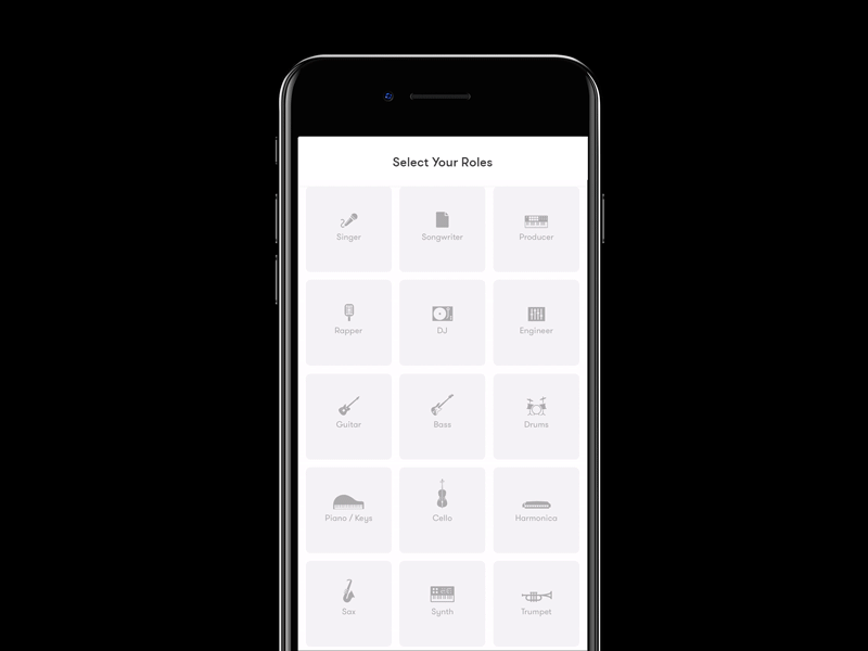 Artist Roles Selection animation artist engineer grid instruments musician onboarding role select selection singer swift