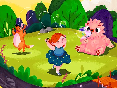 Summer Fun character character design doggie flowers green illustrations island kid kid illustration monster orange yellow