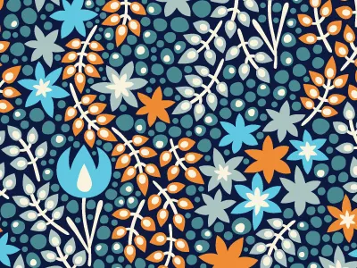 Fabulous flowers. Pattern from the series of illustrations. blue fabric fabulous flowers leaves orange pattern textile texture twigs wallpaper