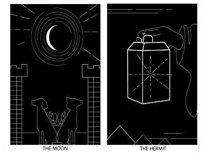 Tarot Cards (The Moon & Hermit) and black cards geometric illustration lines monoline tarot white