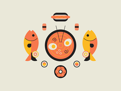 More Food 🍩 🍣 🍥 cute donut fish flat food hot dog icon illustration junk ramen style sushi