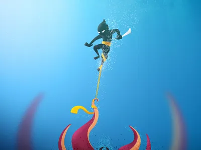 Ninja in trouble animaninja character flat ninja octopus sea shinobi trouble under water