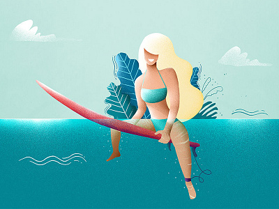 Waiting for the perfect wave blue holidays illustration ocean plants sea summer surf surfboard wave woman