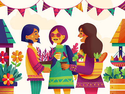 Settling In flowers food market illustration people shopping