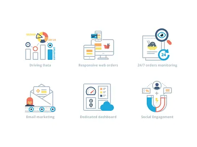 9Fold service: Feature icons dashboard data email engagement icon icons marketin monitoring orders outline responsive social