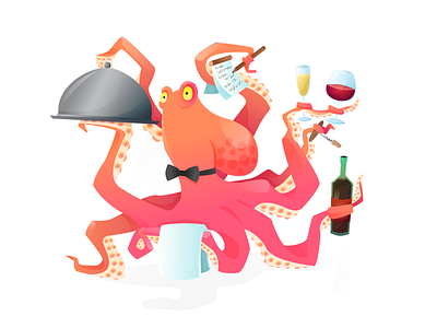 Octopus waiter animal character cute fish gradient octopus restaurant sea vector waiter water wine