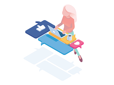 Office Girl dialog facebook flying girl instagram isometric like macbook scup social media table woman