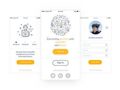 Sing up to iOS mobile app for nonprofit product create account dailyui doodle ios iphone 7 onboarding sign in sing up sketch ui ux white background
