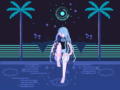 Chilly Summer character chill cold editorial flat illustration moon night summer water