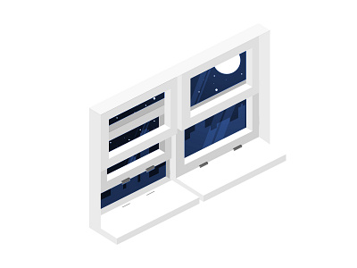 Double Windows 3d illustration isometric night shadow simple space vector view window wip