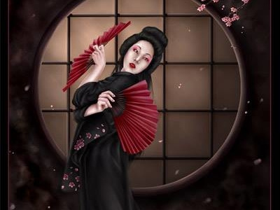 Geisha blossom cherry dark digital art female geisha genius illustration light sakura tablet wacom