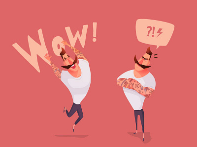 Man character in cartoon style anger beard cartoon character design emotions happiness hipster illustration joy man tatto