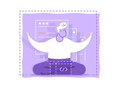Programmer meditates character code design flat line man meditation programmer site ux vector