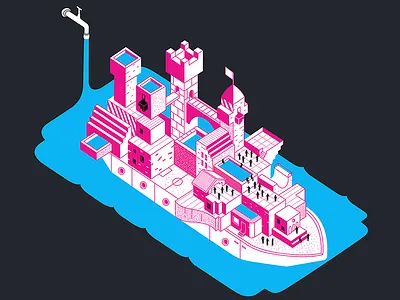 Illo boat illustration isometric pink vector water