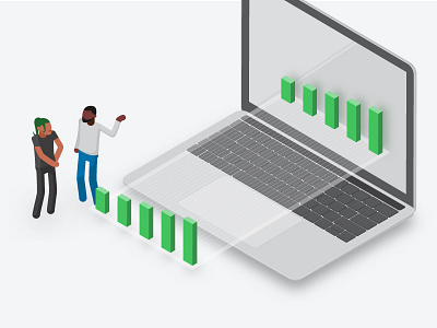 Isometric Computer character computer data graph illustration isometric macbook meeting small business vector