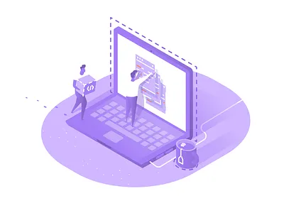 Application and site development 3d character code design flat iso isometric laptop line man page prototyping