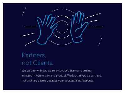 Partners, not Clients. blue cometa cometa group cometa works cyan high five illustration museo sans outline vector white