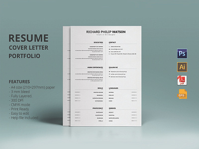 Resume cv Template 210x297mm a4 ai clean corporate cv pdf print pro resume