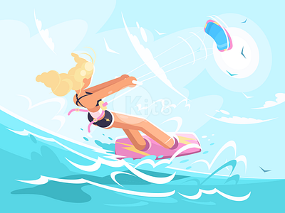 Kitesurfing board character girl illustration kit8. flat kite sea summer surf vector woman