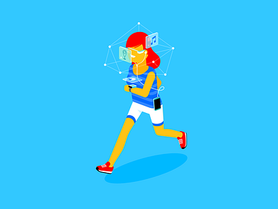 Head in the cloud cloud data future girl google glass interface isometric jog run running smart watch woman