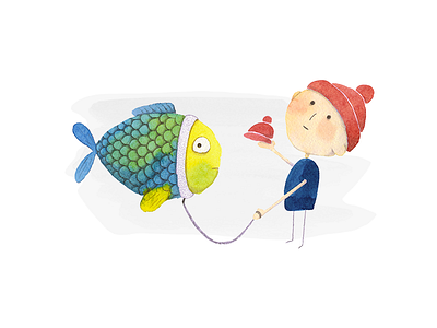 Fish probably will not go with you for a walk book boy character children fish illustration pet watercolor