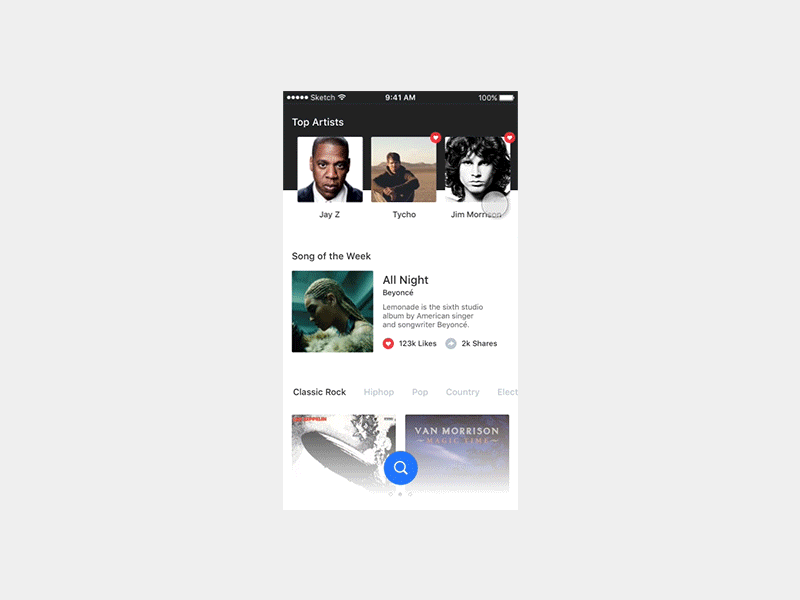 Music Discovery blue design exploration gif grid ios mobile music prototype ui