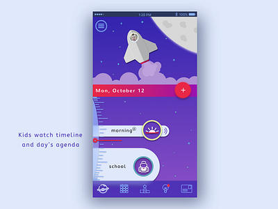 Kids time management app home screen framer kids mobile app sketch space theme
