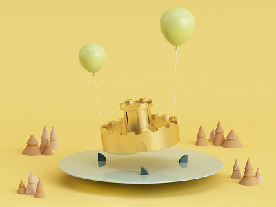 Golden Castle 3d 4d air balloon c4d castle cinema gold golden pine tree water