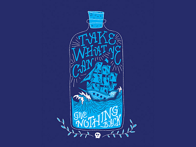 Give Nothing Back boat bottle caribbean disney illustration jack sparrow pirates ship shirt skull typography wave