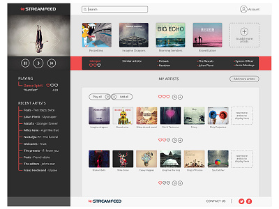 STREAMFEED application design app design app interface flat design material design mobile app design music app stream app web app