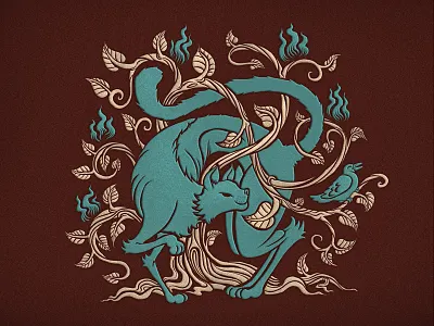 Cat Nouveau animal bird cat character creature drawing hunt illustration leaf tail texture tree