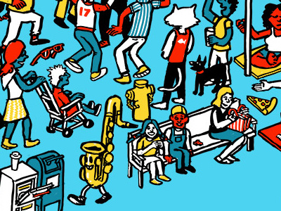 Street Scene Crop 2 cat dog drawing illustration isometric people pizza saxophone seek and find