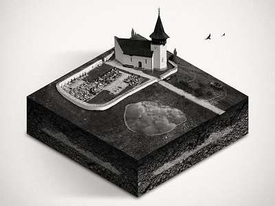 Isometric 2 2d 3d church collage dark goth grim isometric semetary